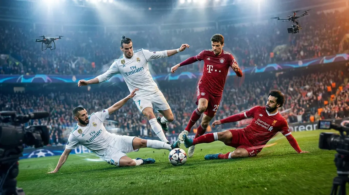 Jugadores de fútbol europeo en acción durante un partido de Champions League