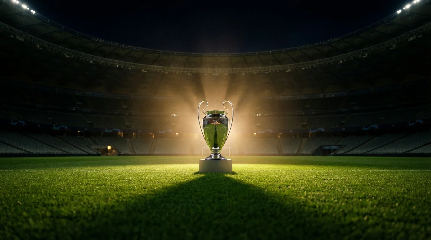 Trofeo de la Champions League iluminado en un estadio de fútbol
